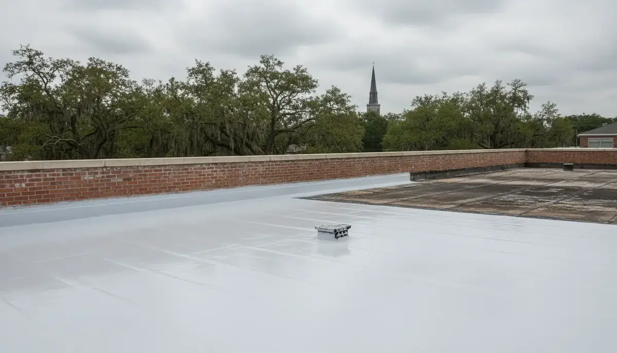 Pale grey fluid-applied membrane across a flat roof at a brick parapet