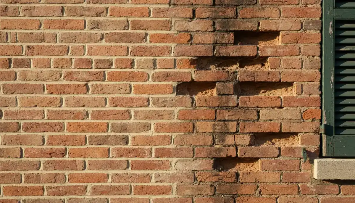 Old red brick with sound pale mortar joints beside an eroded, spalled patch