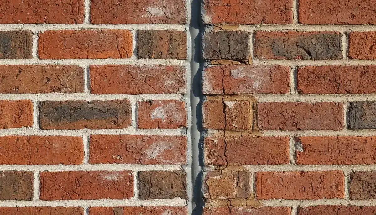Grey sealant bead tooled into a vertical joint in a red brick facade