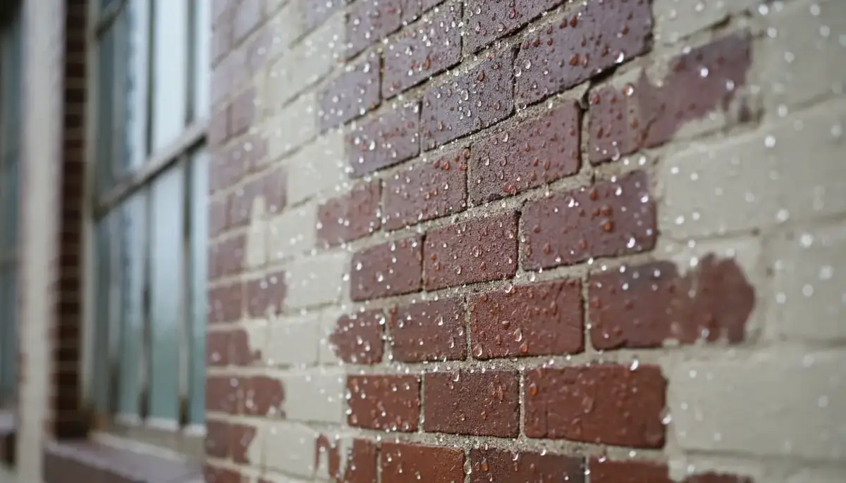 Rain beading on treated red brick and pale stucco beside a steel window